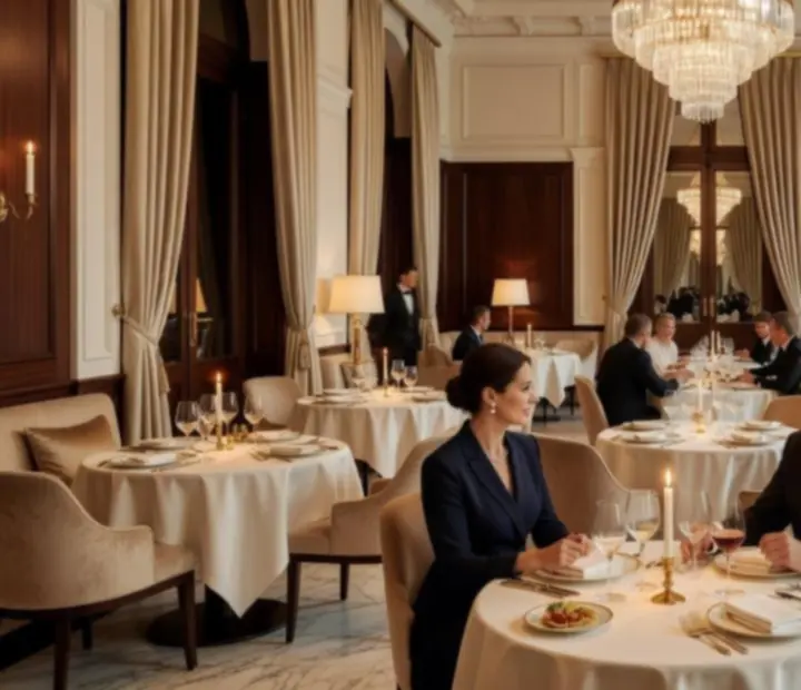 Intérieur de restaurant gastronomique avec tables nappées et lumière tamisée.