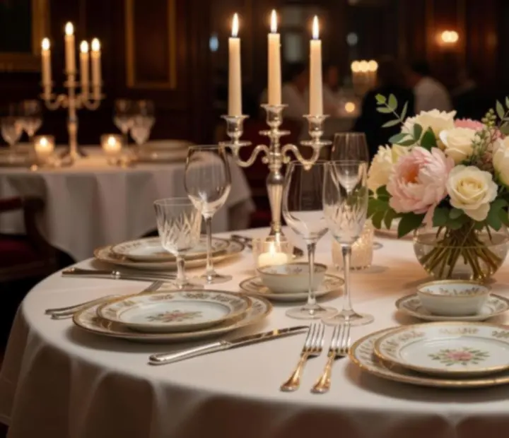 Table dressée avec bougies et vaisselle raffinée dans une ambiance feutrée