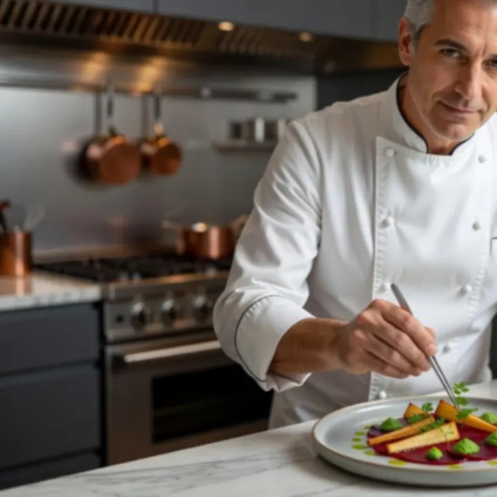 Chef présentant un plat gastronomique avec élégance