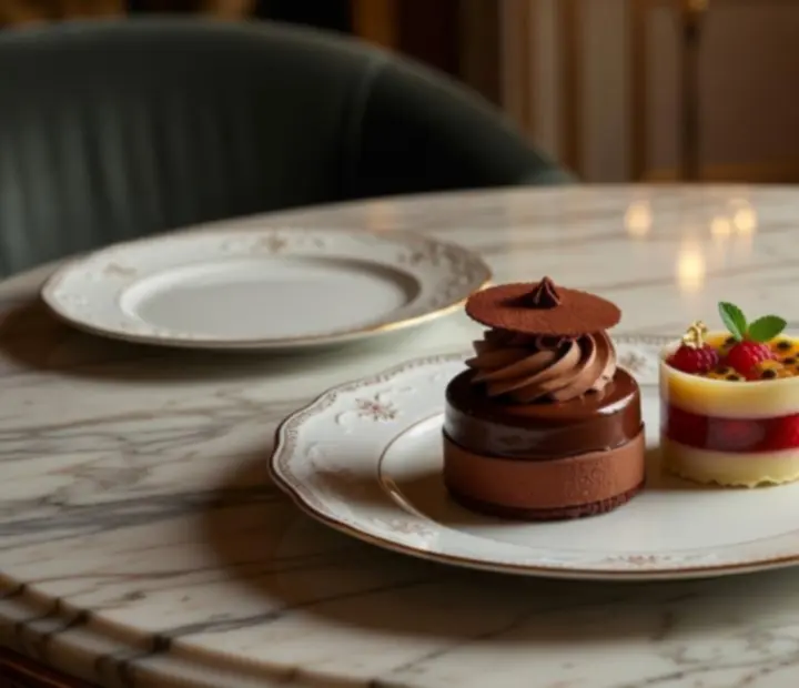 Dessert français raffiné servi dans une ambiance feutrée