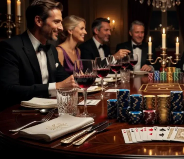 Décor prestigieux avec table de poker, jetons symboliques et ambiance feutrée digne d’un club privé.