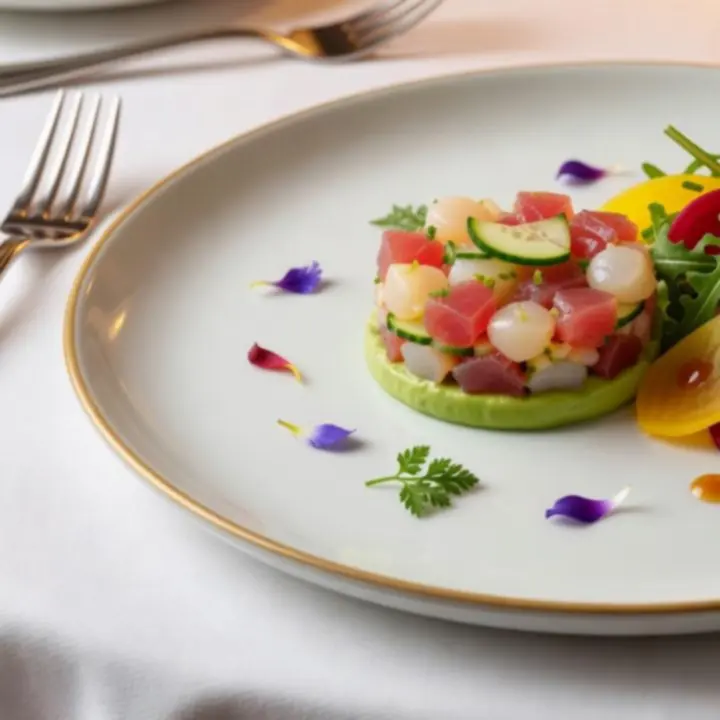 Entrée gastronomique élégante dressée dans une assiette contemporaine