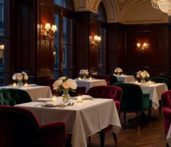 Intérieur de restaurant élégant avec tables dressées et lumière tamisée