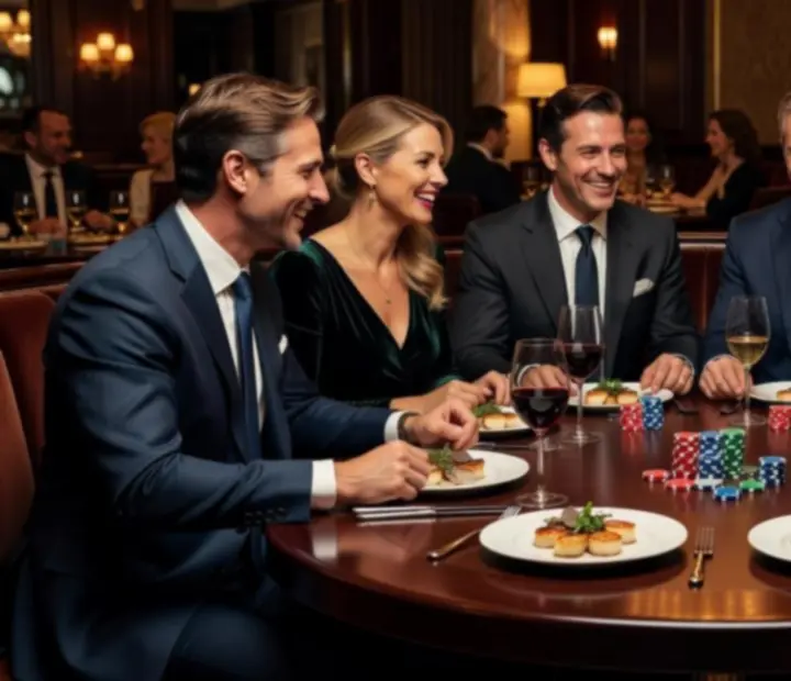 Table de poker élégante dressée à côté de mets gastronomiques.