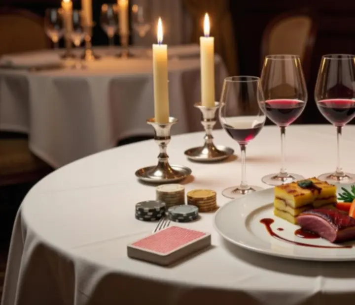 Dîner gastronomique avec assiettes raffinées et verres de vin autour d’une table de poker.