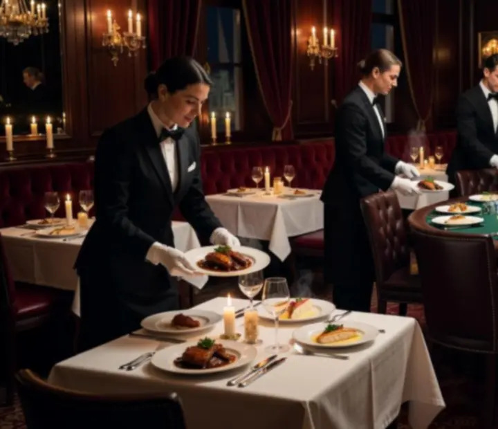 Salle de restaurant élégante préparée pour une soirée poker offline gastronomique.