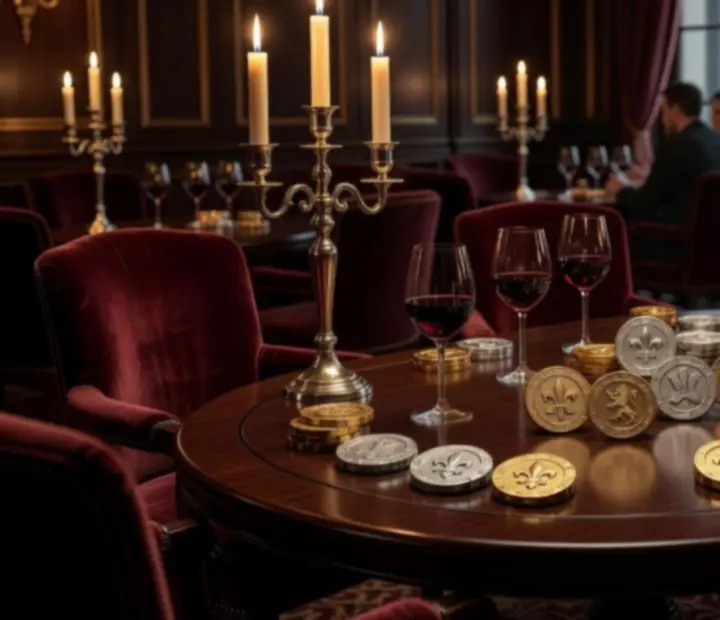 Table de poker élégante dressée dans un restaurant gastronomique, lumière tamisée et verres de vin.