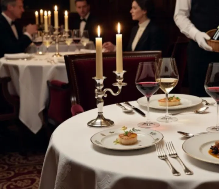 Détail d'une table gastronomique avec assiette raffinée et verre de vin.
