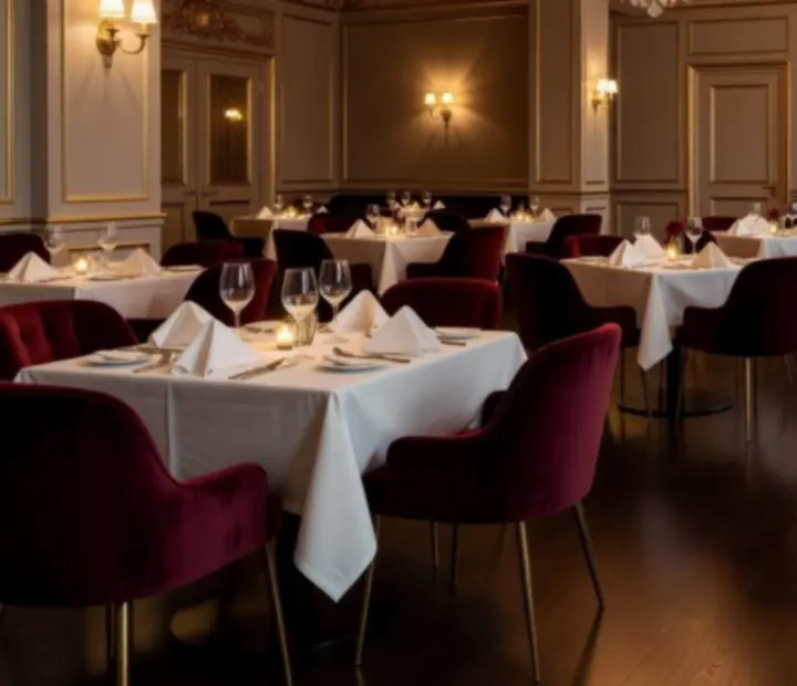 Salle élégante avec tables dressées, lumières tamisées et service attentionné.