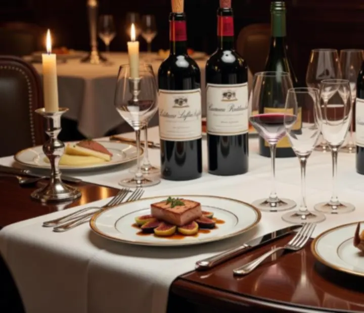 Table élégante dressée avec plusieurs bouteilles de grands crus