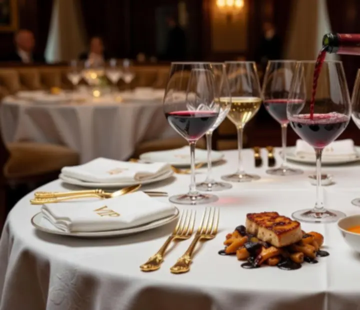 Table de dégustation VIP dressée avec mets gastronomiques et verres de vin.