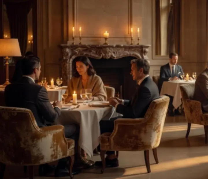 Ambiance feutrée du salon VIP avec tables dressées et lumière tamisée.