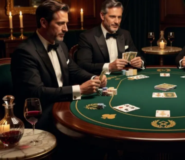 Table de poker VIP élégante avec jetons symboliques et ambiance feutrée.